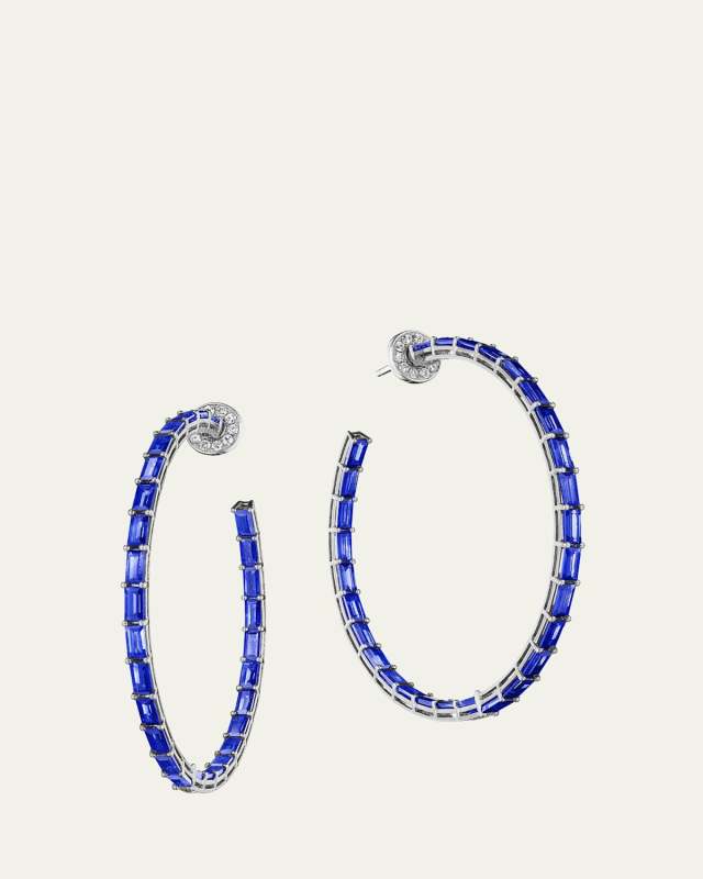 18K White Gold Baguette Blue Sapphire and Diamond Hoop Earrings